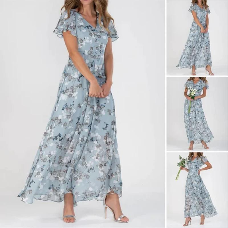 Floral Print Short Sleeve V-Neck A-Line Maxi Dress in Blue - View 3