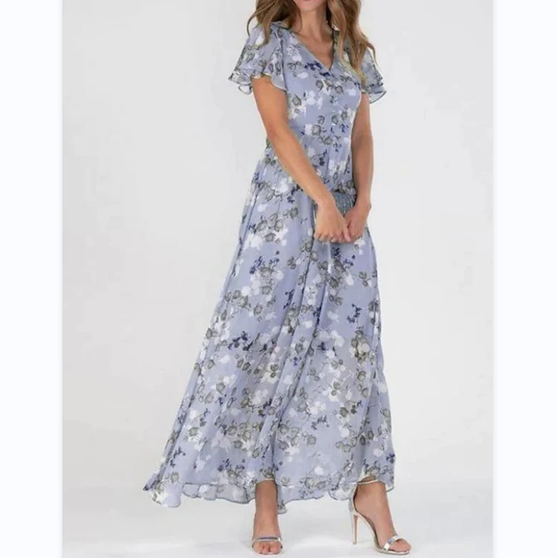 Floral Print Short Sleeve V-Neck A-Line Maxi Dress in Blue - View 5