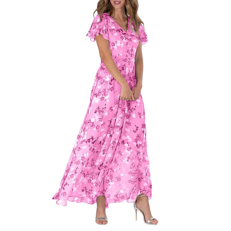 Floral Print Short Sleeve V-Neck A-Line Maxi Dress in Blue - View 7