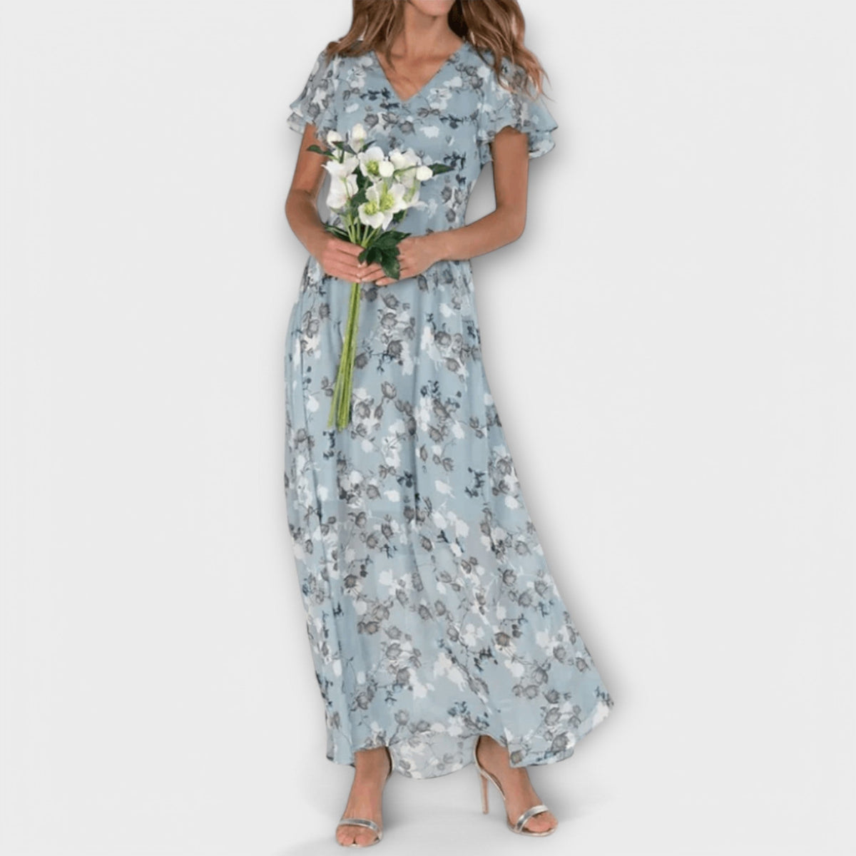 Floral V-Neck Flutter Sleeve A-Line Maxi Dress 6