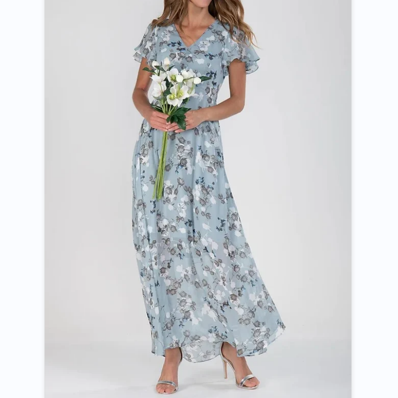 Floral Print Short Sleeve V-Neck A-Line Maxi Dress in Blue - View 9
