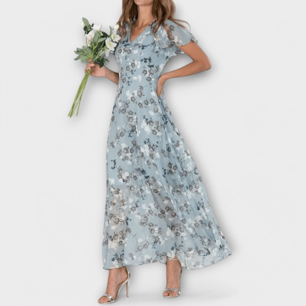 Floral V-Neck Flutter Sleeve A-Line Maxi Dress 5