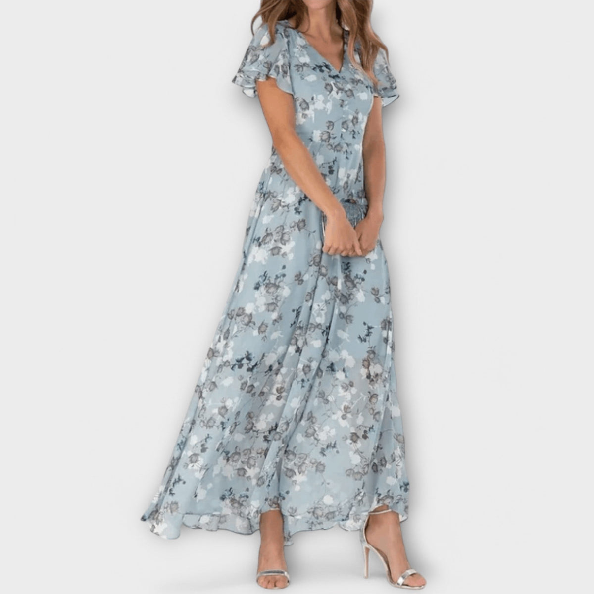 Floral V-Neck Flutter Sleeve A-Line Maxi Dress