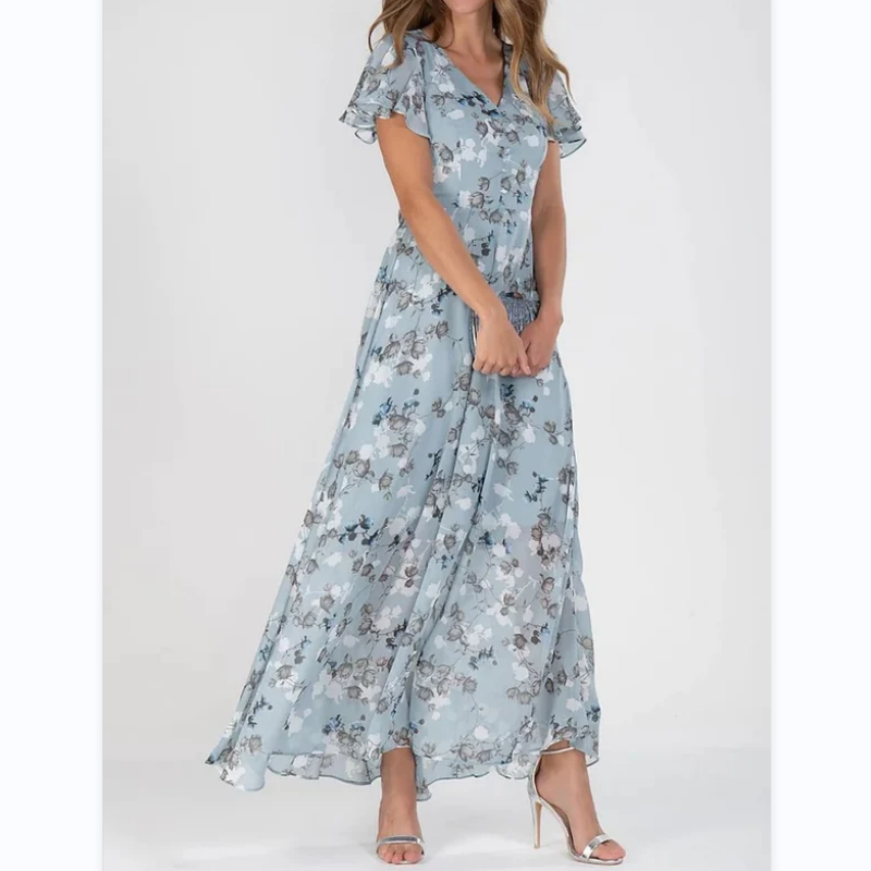Floral Print Short Sleeve V-Neck A-Line Maxi Dress in Blue - View 12