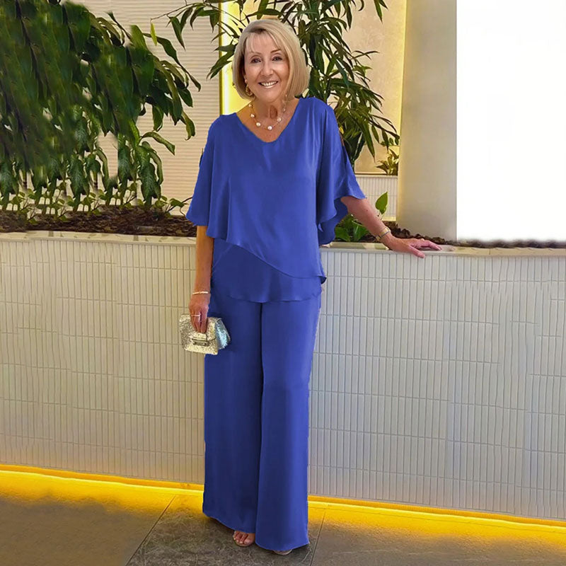 Cape Sleeve Chiffon Top and Wide Leg Pants Two Piece Set