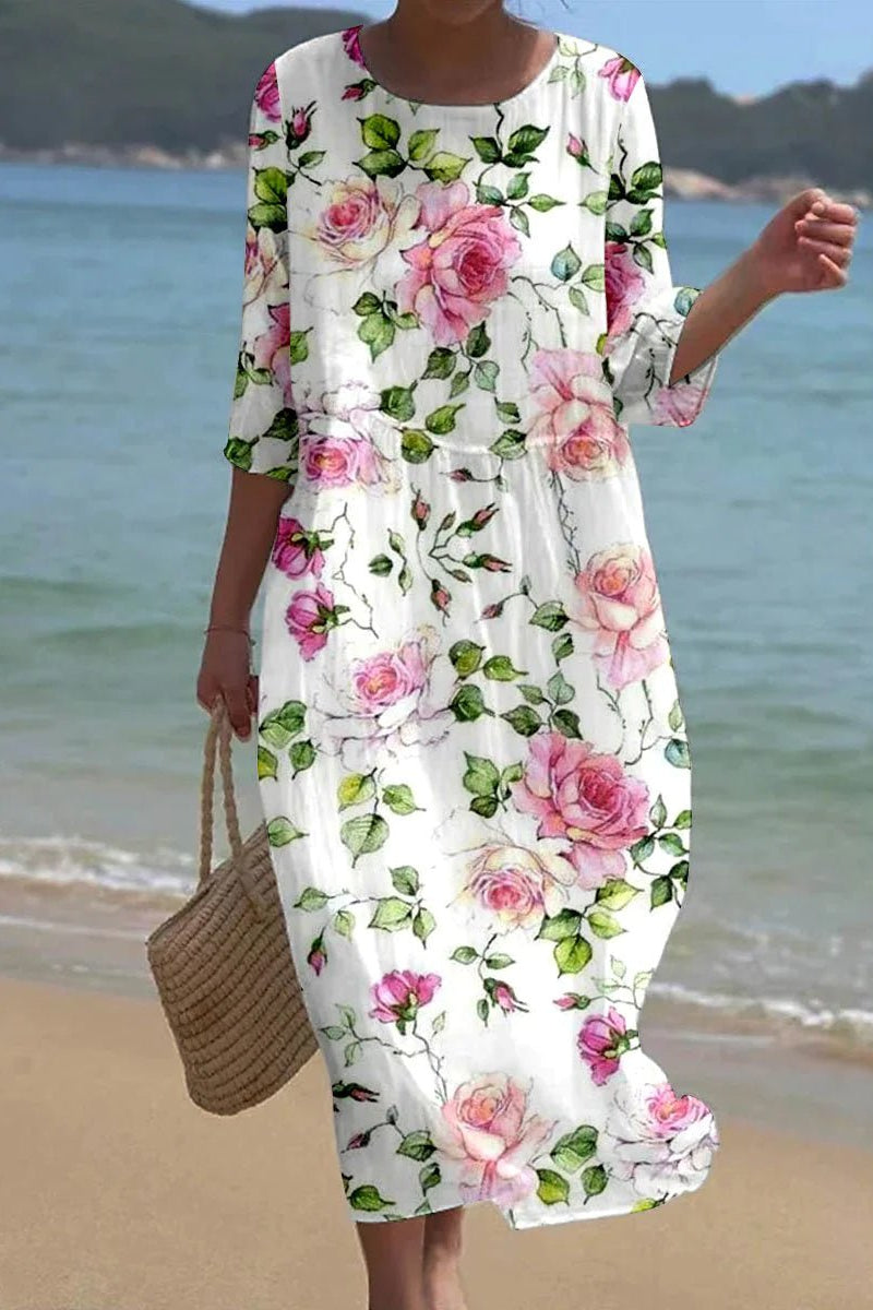 Floral Rose Print Round Neck Three Quarter Sleeve Maxi Dress 2