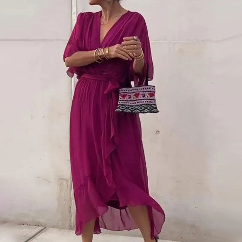Deep V-Neck Batwing Sleeve Tie Waist Flowy Midi Dress - View 4