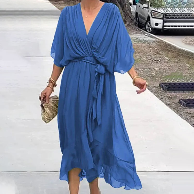 Deep V-Neck Batwing Sleeve Tie Waist Flowy Midi Dress - View 5