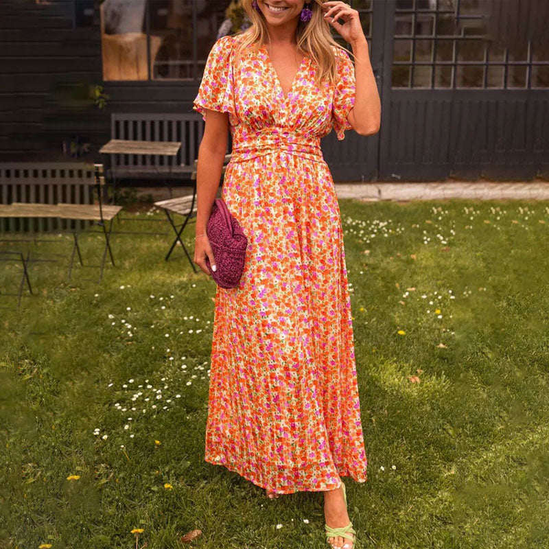 Floral V-Neck Flutter Sleeve Pleated Maxi Dress