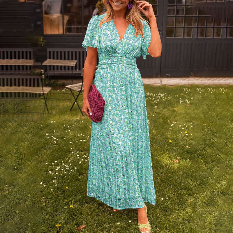 Floral V-Neck Flutter Sleeve Pleated Maxi Dress 6