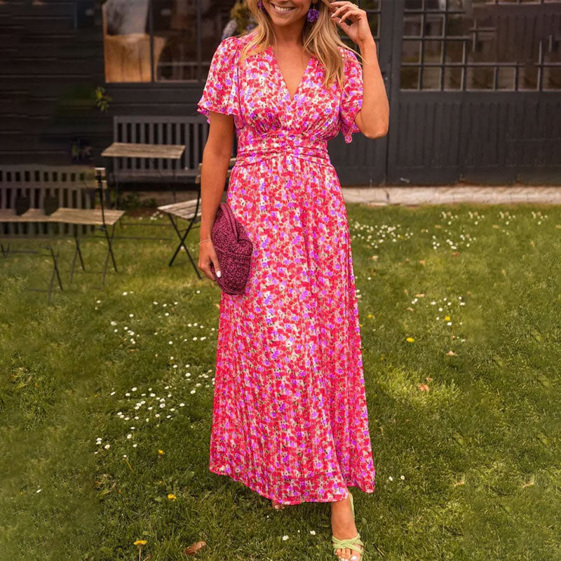 Floral V-Neck Flutter Sleeve Pleated Maxi Dress 7