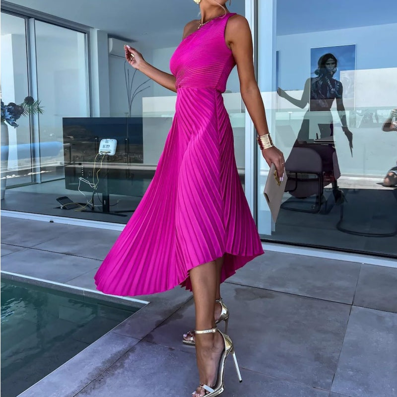 One Shoulder Pleated Maxi Dress in Black - View 7