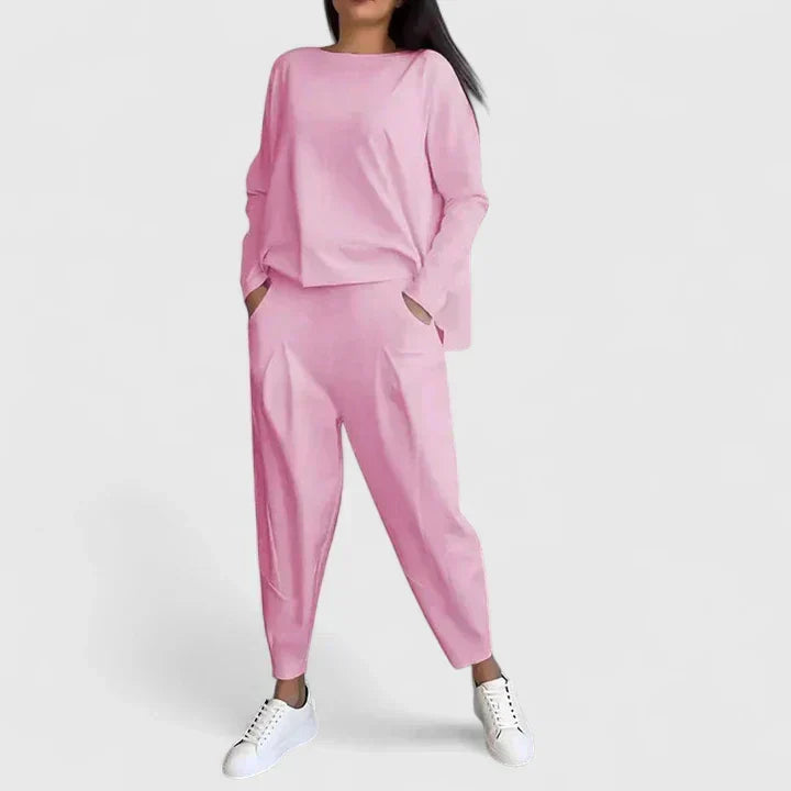 Boat Neck Long Sleeve Top and Tapered Pants Two Piece Set 13