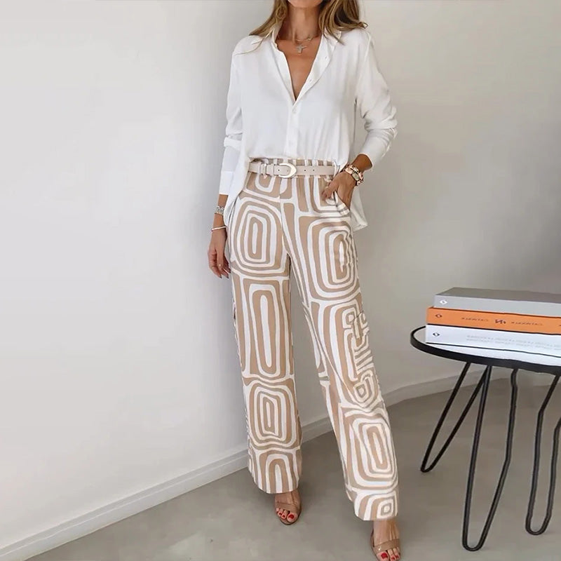 Long Sleeve Shirt and Printed Wide Leg Pants Two Piece Set