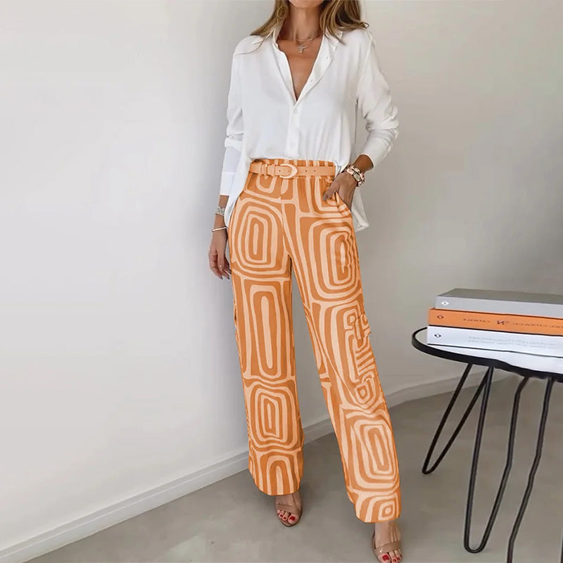 Long Sleeve Shirt and Printed Wide Leg Pants Two Piece Set 6