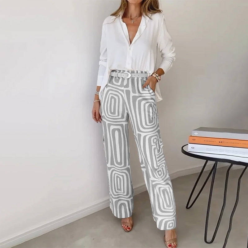 Long Sleeve Shirt and Printed Wide Leg Pants Two Piece Set 5