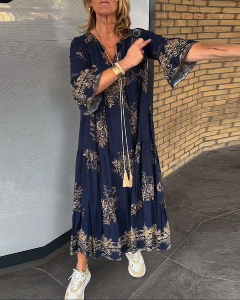 Bohemian Floral Print V-Neck Long Sleeve Tiered Maxi Dress 2