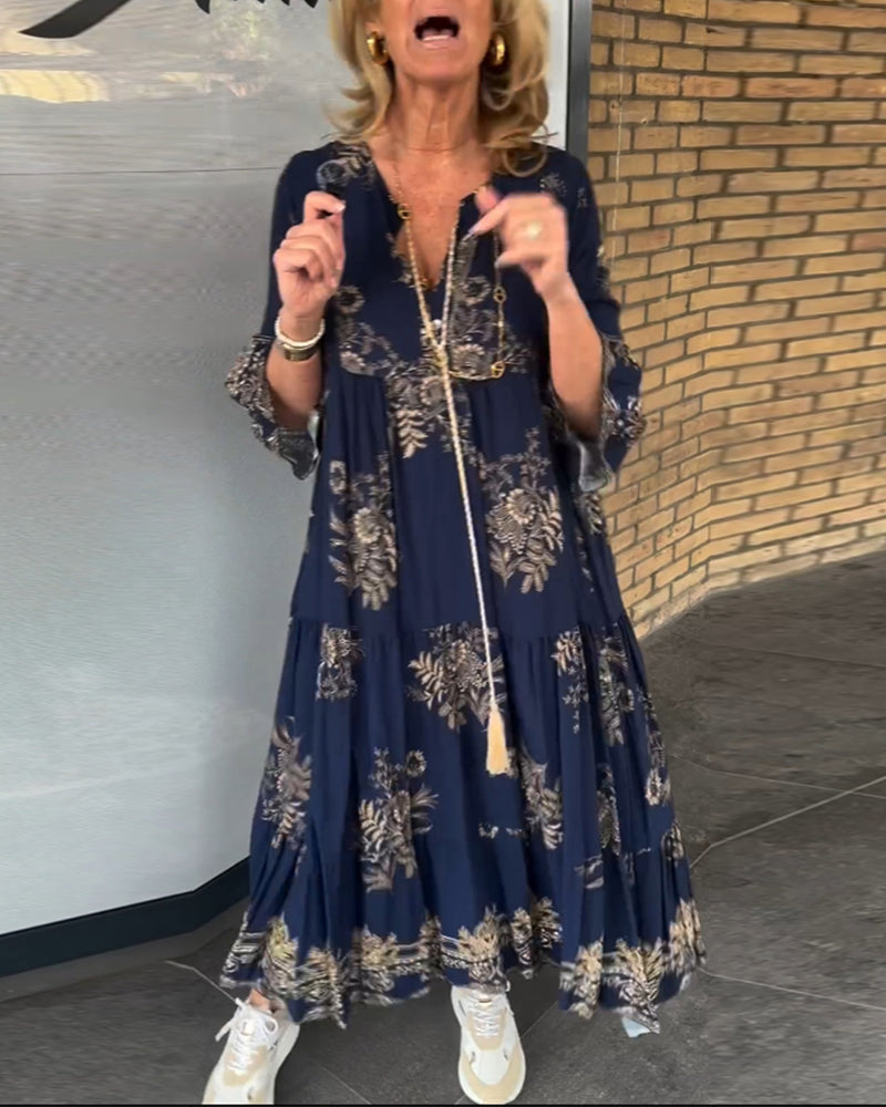 Bohemian Floral Print V-Neck Long Sleeve Tiered Maxi Dress 6