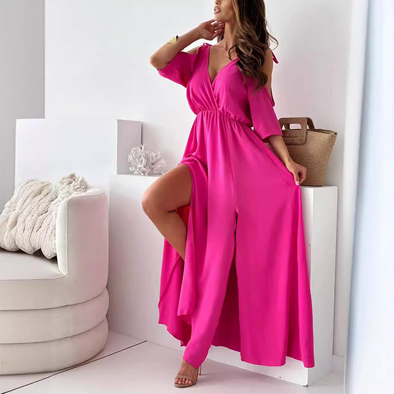 Deep V-Neck Wrap Tie Sleeve High Split Maxi Dress 4