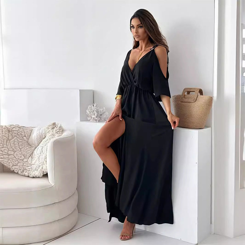 Deep V-Neck Wrap Tie Sleeve High Split Maxi Dress 2