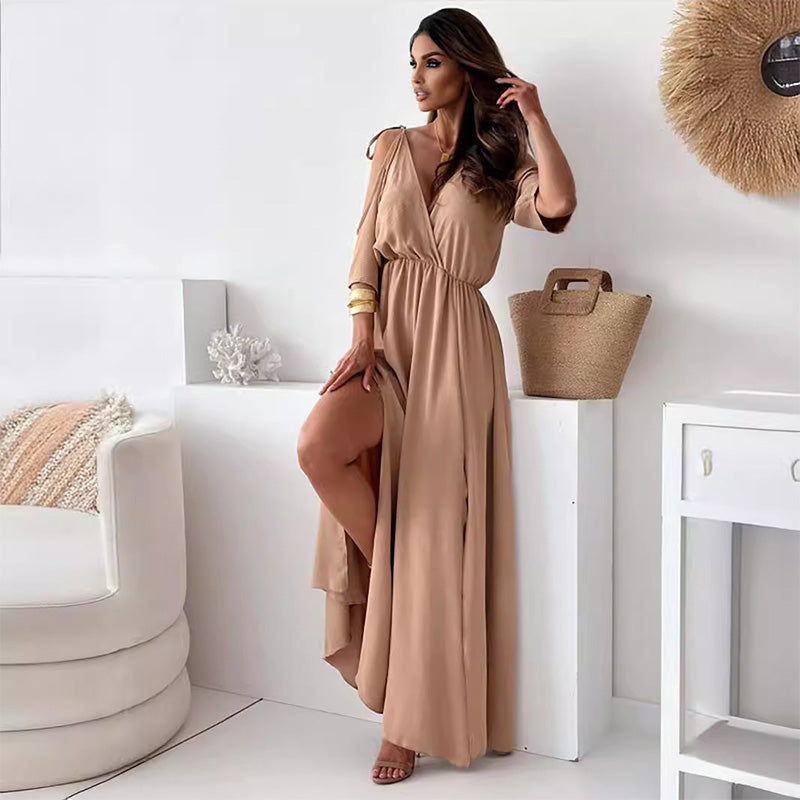 Deep V-Neck Wrap Tie Sleeve High Split Maxi Dress 3