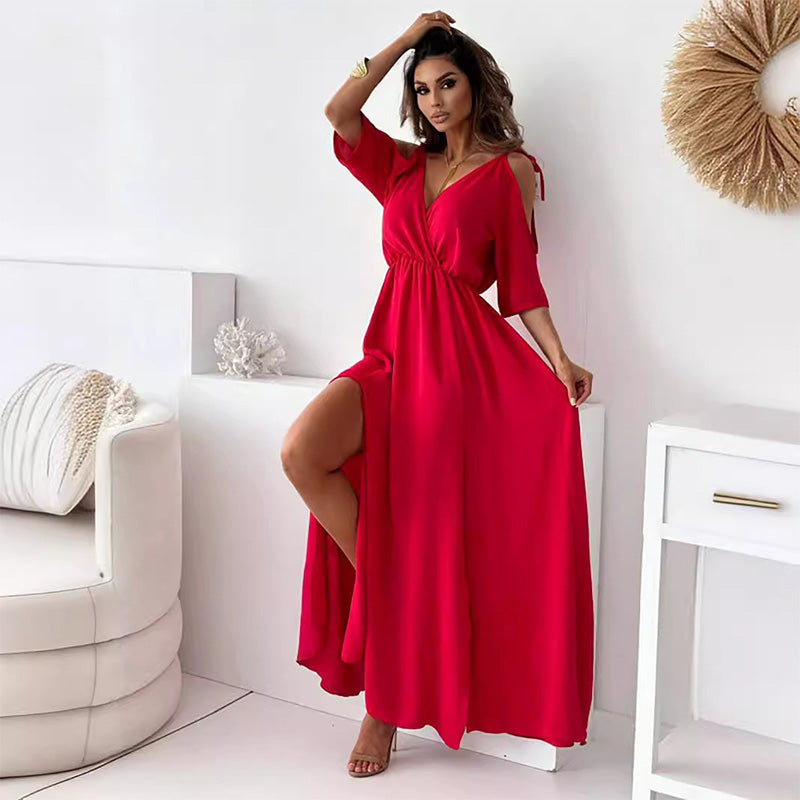 Deep V-Neck Wrap Tie Sleeve High Split Maxi Dress 8