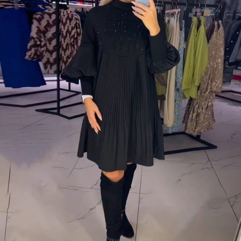 Mock Neck Long Puff Sleeve Beaded Pleated Babydoll Mini Dress