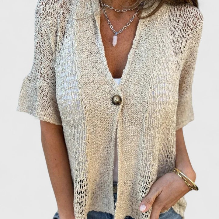 V-Neck Short Sleeve Pointelle Open Knit Button Top 6