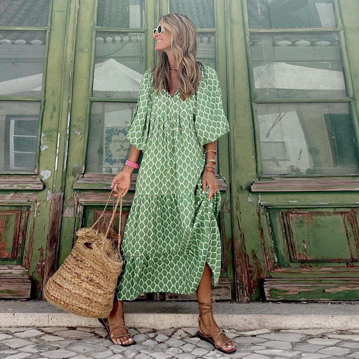 V-Neck Puff Sleeve Tiered Maxi Dress Boho 5