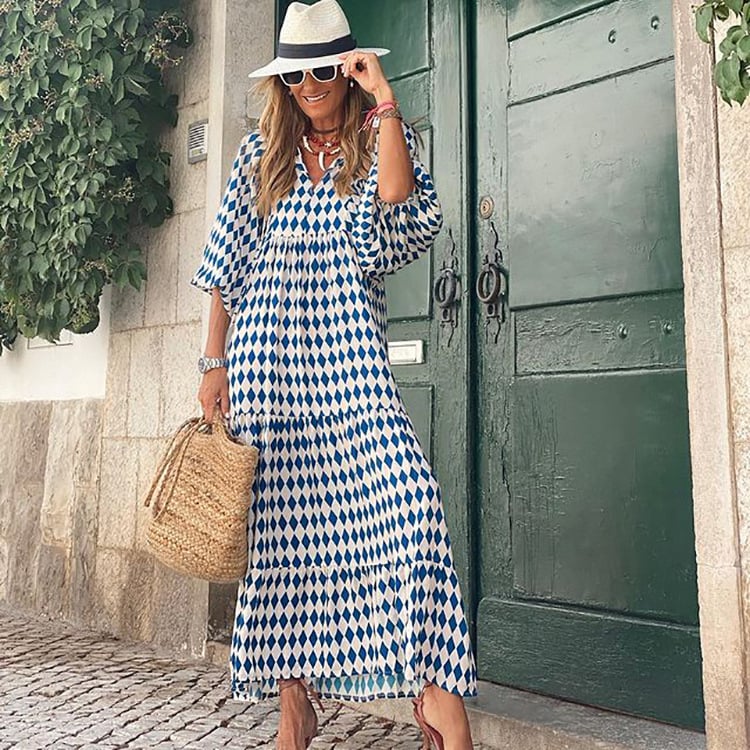 V-Neck Puff Sleeve Tiered Maxi Dress Boho 7