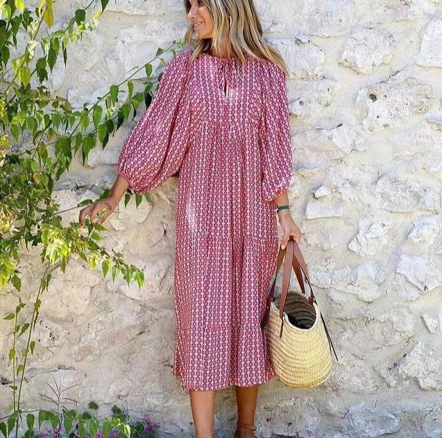 V-Neck Puff Sleeve Tiered Maxi Dress Boho 8