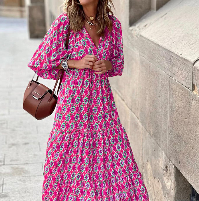 V-Neck Puff Sleeve Tiered Maxi Dress Boho 11