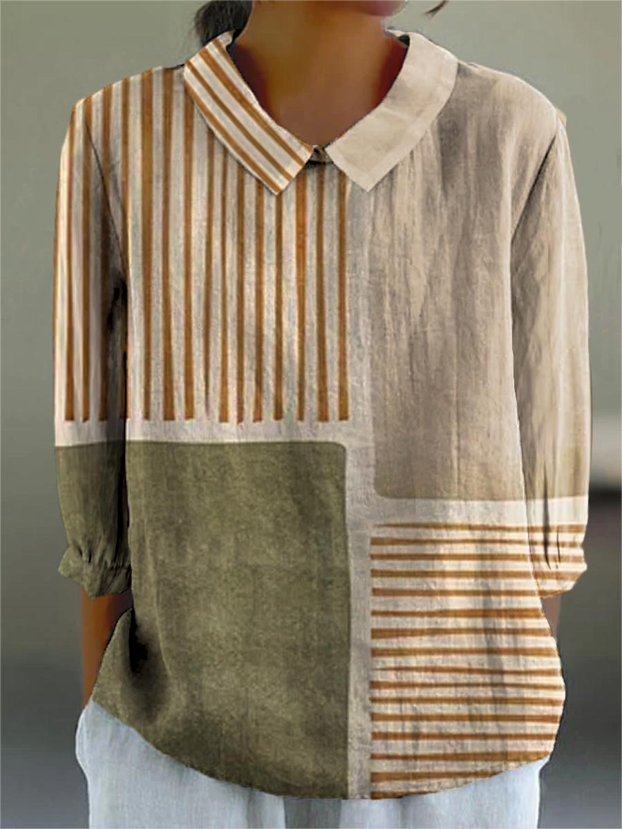 Collared Long Sleeve Striped Color Block Blouse