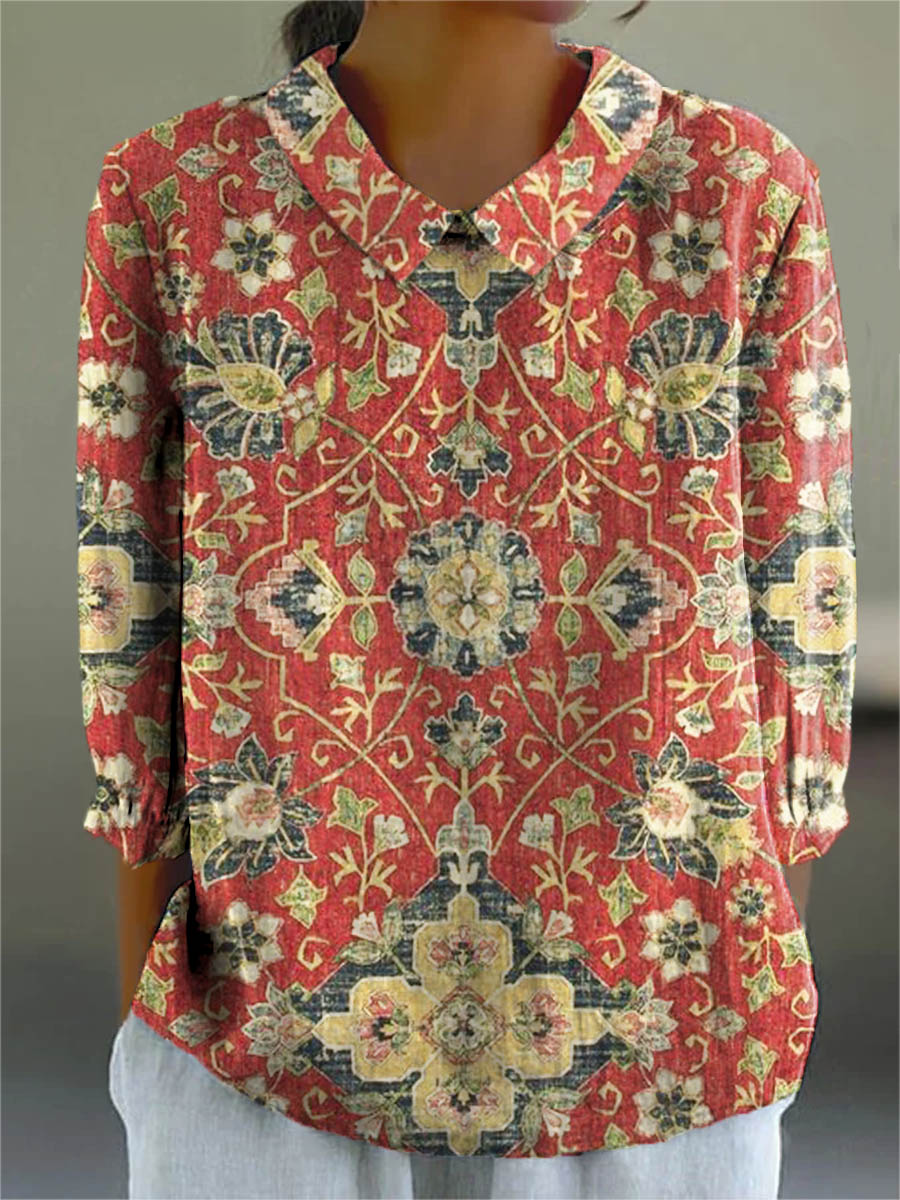 Floral Print Collared V-Neck Long Sleeve Blouse