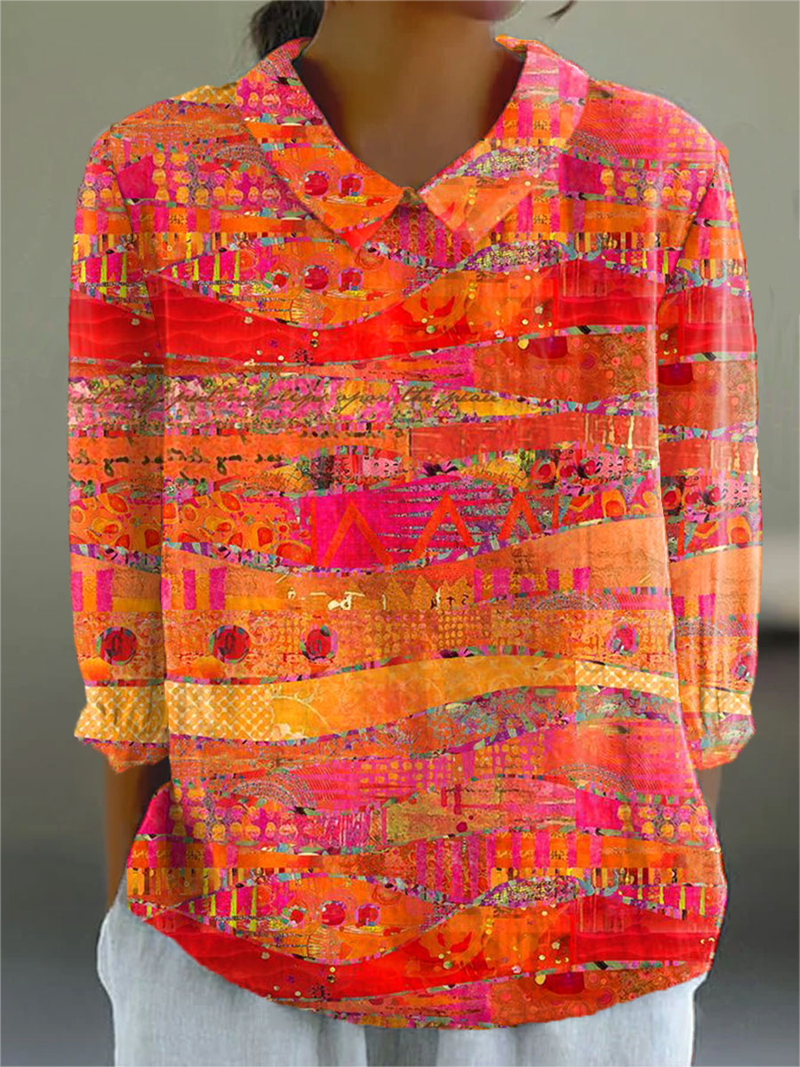 Collared Long Sleeve Abstract Print Blouse