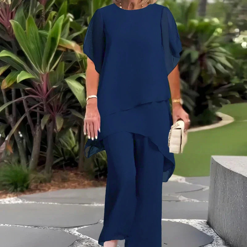 Short Sleeve Layered Chiffon Top and Wide Leg Pants Two Piece Set