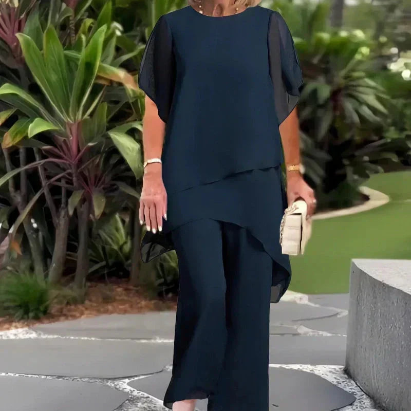 Chiffon Overlay Layered Top and Wide Leg Pants Two Piece Set 4