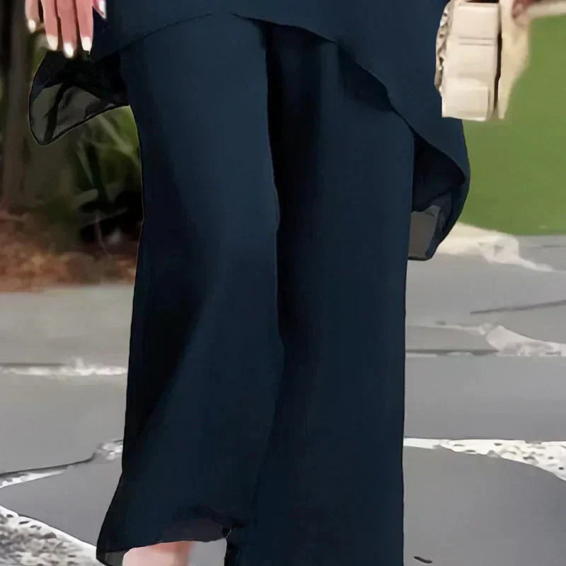 Chiffon Layered Overlay Top and Wide Leg Pants Two Piece Set 5