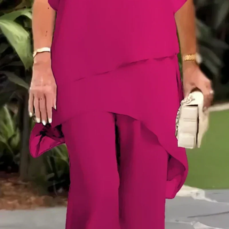 Chiffon Overlay Layered Top and Wide Leg Pants Two Piece Set 10