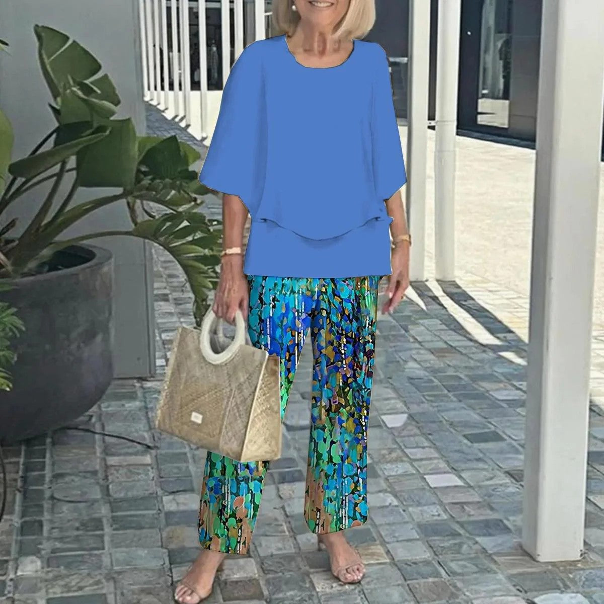 Layered Chiffon Top and Striped Pants Two Piece Set 3