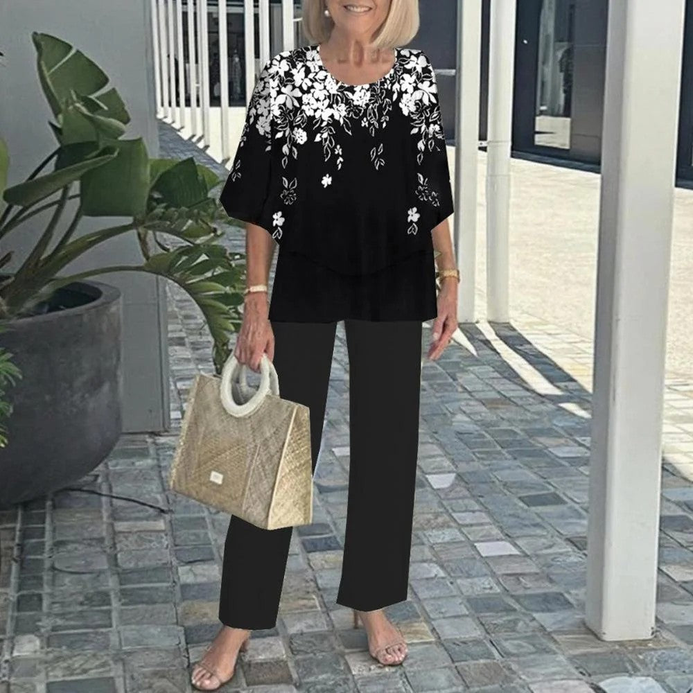 Layered Chiffon Top and Striped Pants Two Piece Set 4