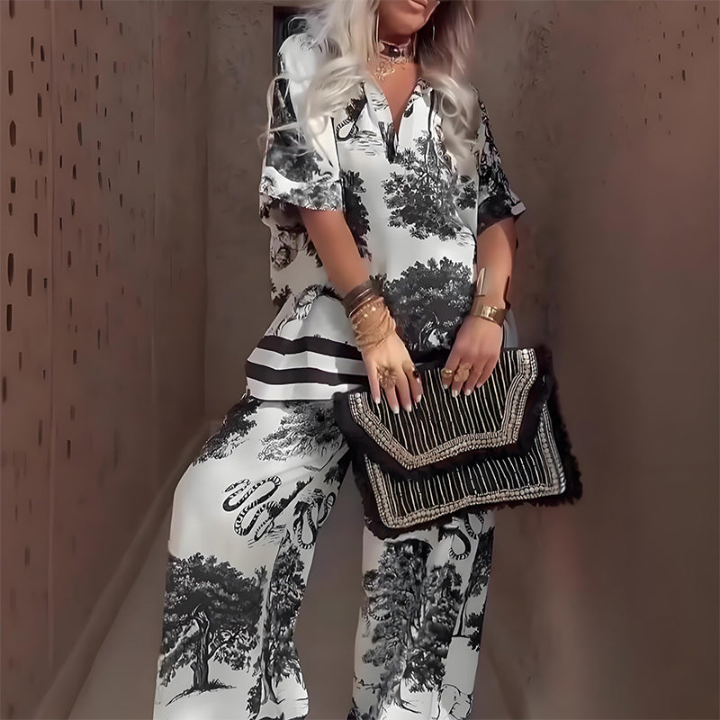 Print V-Neck Short Sleeve Top and Wide Leg Pants Two Piece Set 2