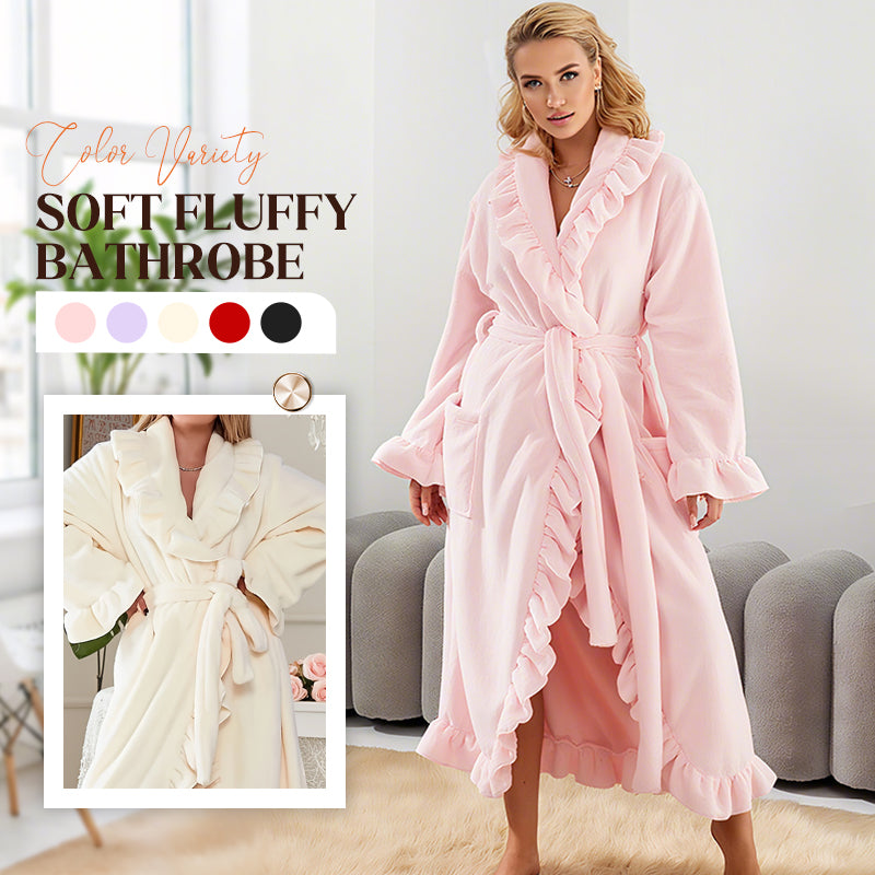 Fleece Ruffle Trim Belted Long Sleeve Dressing Gown