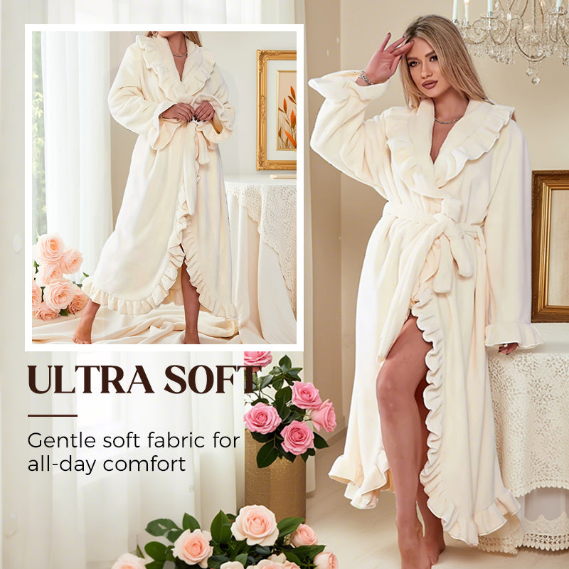Fleece Ruffle Trim Belted Long Sleeve Dressing Gown - View 21