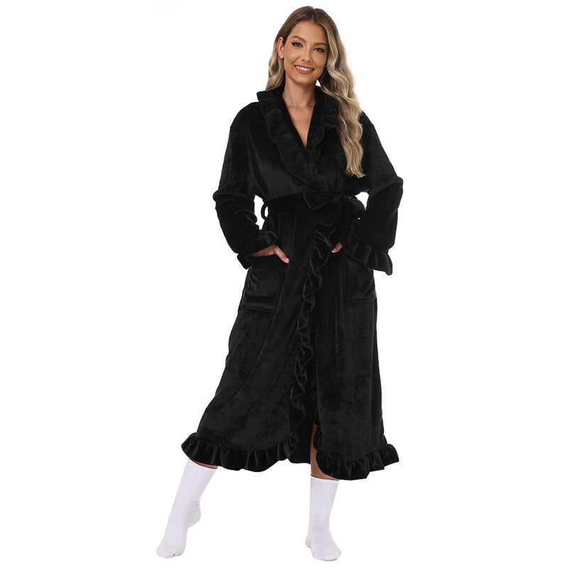 Fleece Ruffle Trim Belted Long Sleeve Dressing Gown - View 19