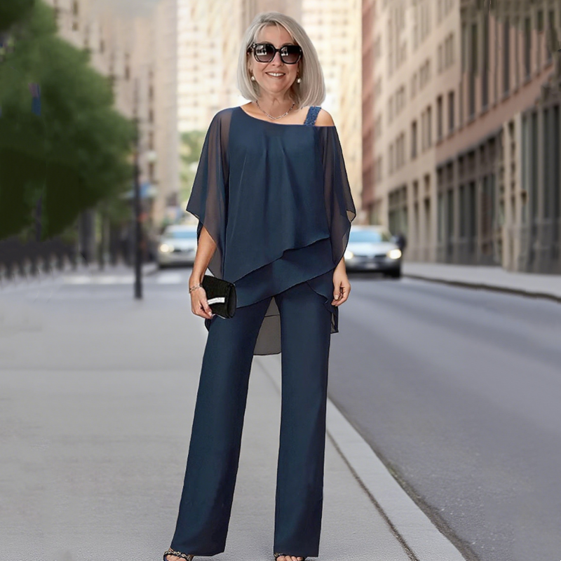 Chiffon Overlay Cape Top and Wide Leg Pants Two Piece Set