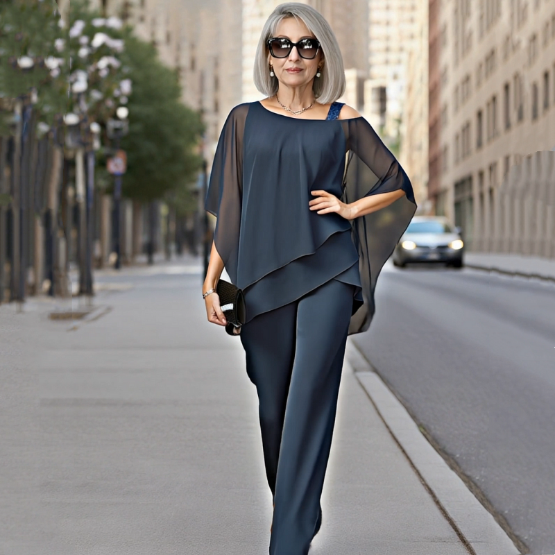 Chiffon Overlay Cape Top and Wide Leg Pants Two Piece Set 7