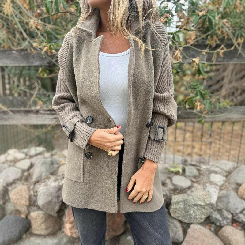Lapel Collar Ribbed Sleeve Double Breasted Knit Coat