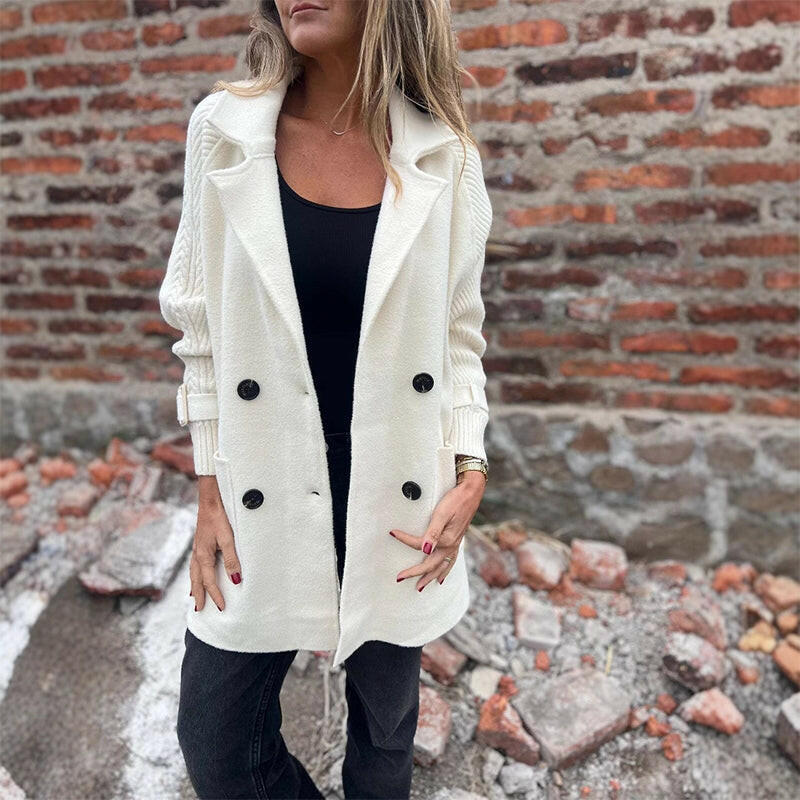 Lapel Collar Ribbed Sleeve Double Breasted Knit Coat 9