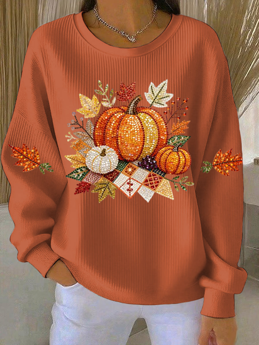 Pumpkin Graphic Ribbed Crew Neck Sweatshirt
